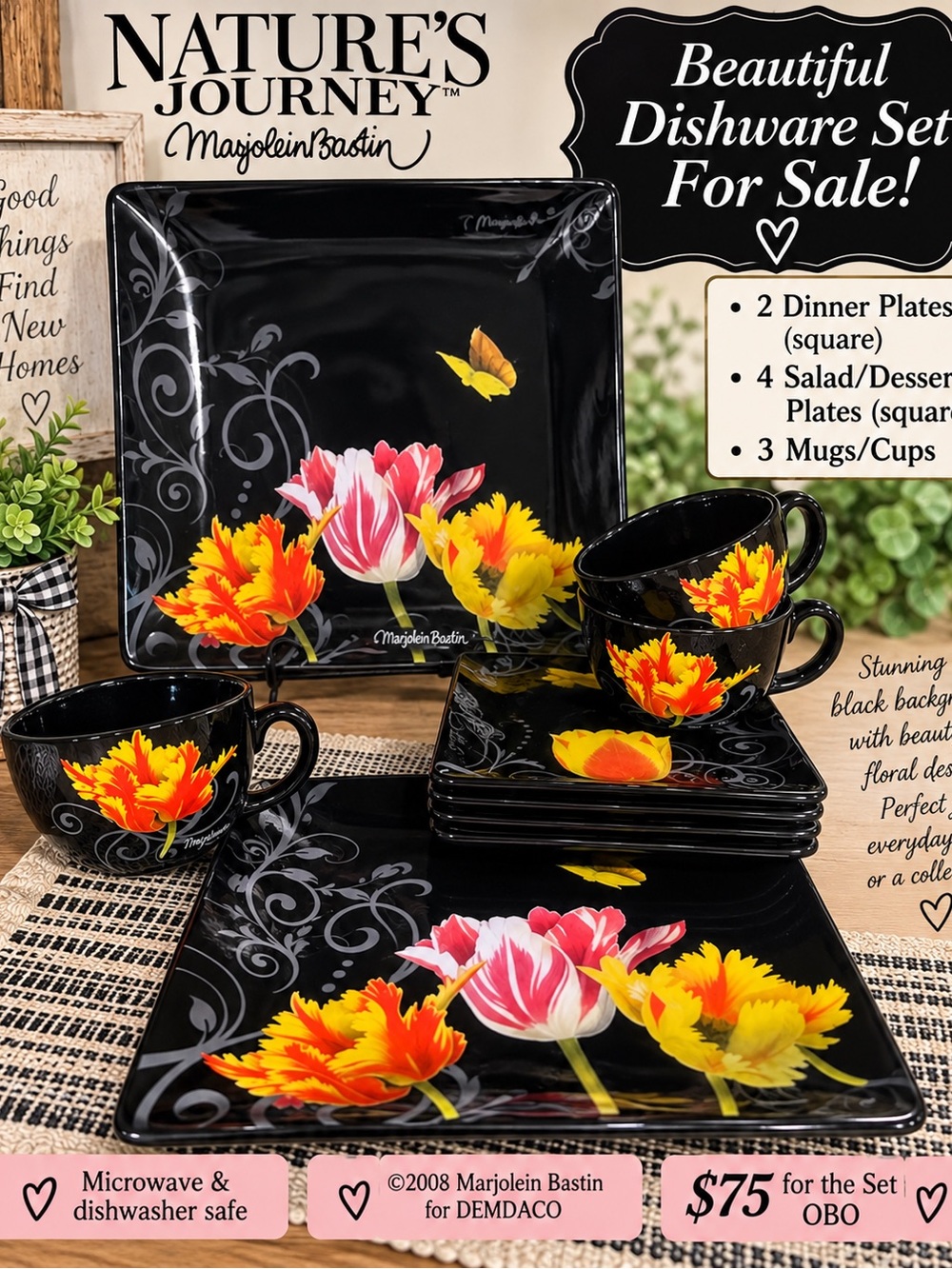 Marjolein Bastin Floral Black Dinnerware Set - Black with Yellow & Pink Tulips